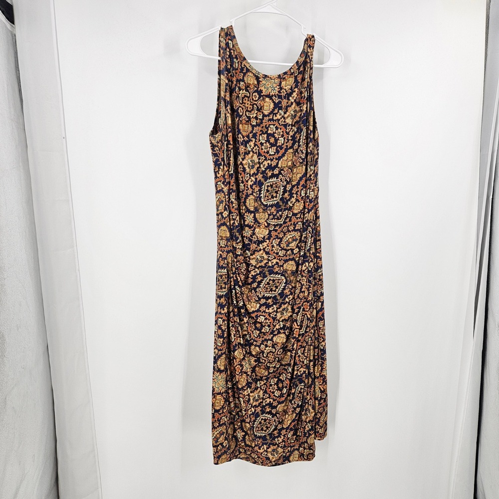 Peruvian Connection Ruched Midi Dress Blue Orange Tapestry Print Draped Size L
